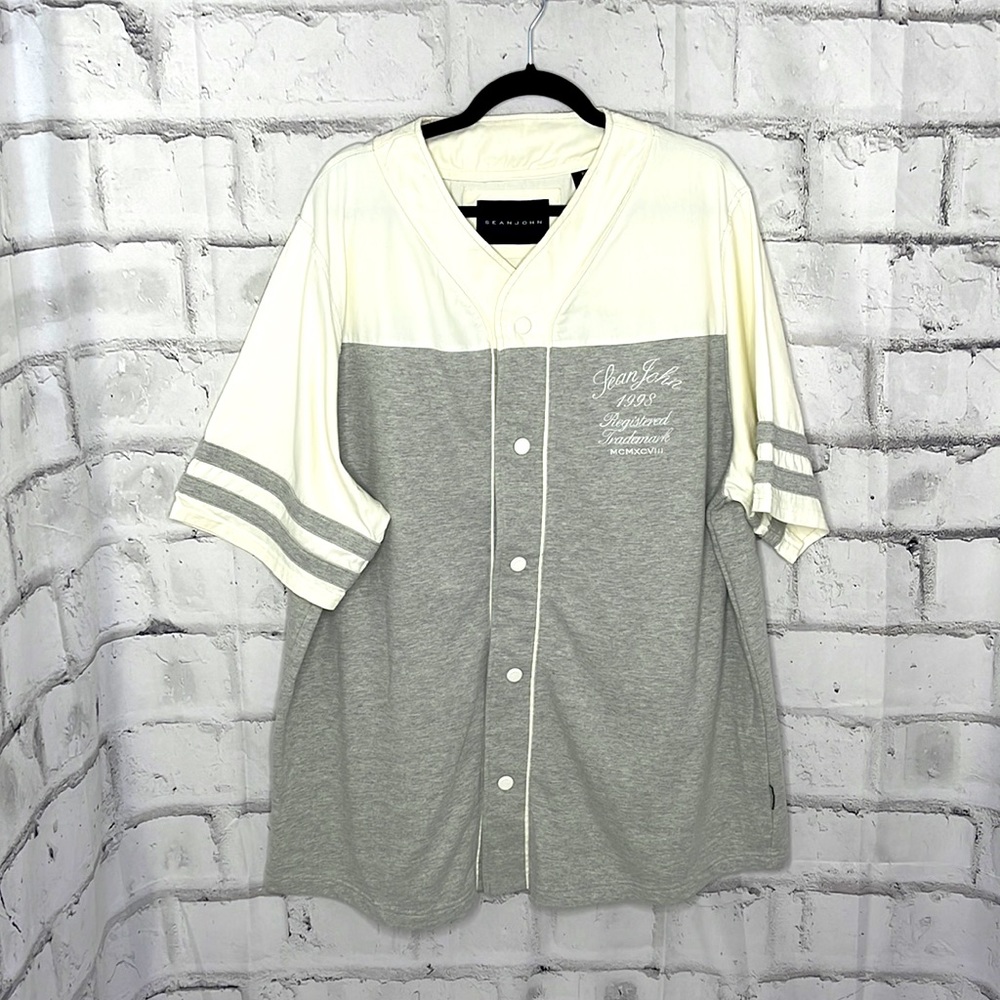 Sean John Men’s Cream & Light Gray Baseball Snap Up Jersey Shirt Size 3XL